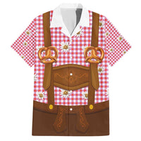 Traditional German Costume - Lederhosen and Soft Pretzel Hawaiian Shirt Blue Plaid Pattern with Edelweiss Flowers