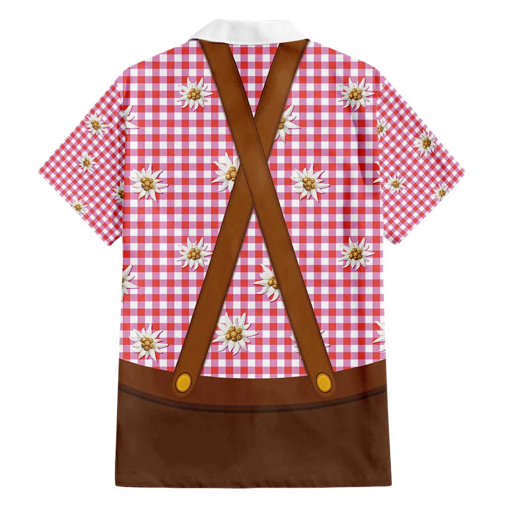 Traditional German Costume - Lederhosen and Soft Pretzel Hawaiian Shirt Blue Plaid Pattern with Edelweiss Flowers