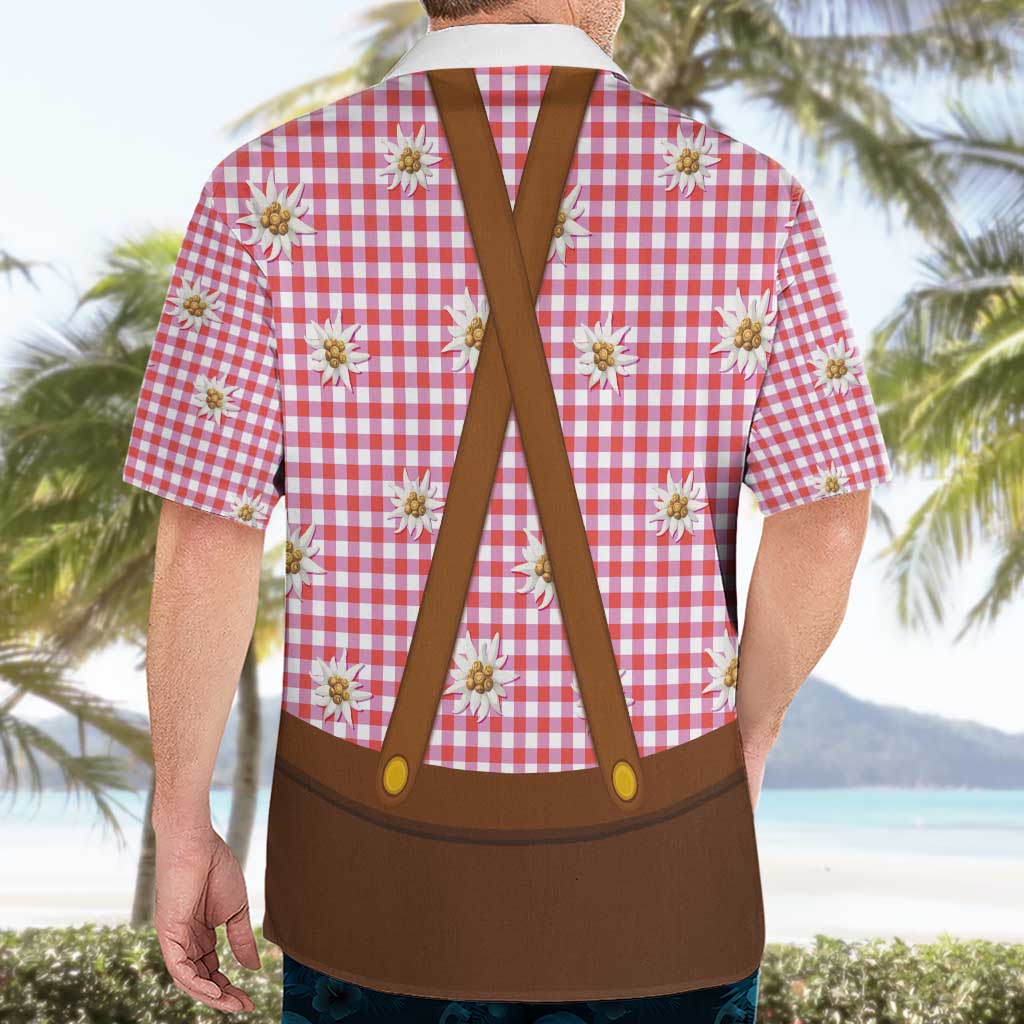 Traditional German Costume - Lederhosen and Soft Pretzel Hawaiian Shirt Blue Plaid Pattern with Edelweiss Flowers