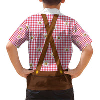 Traditional German Costume - Lederhosen and Soft Pretzel Hawaiian Shirt Blue Plaid Pattern with Edelweiss Flowers