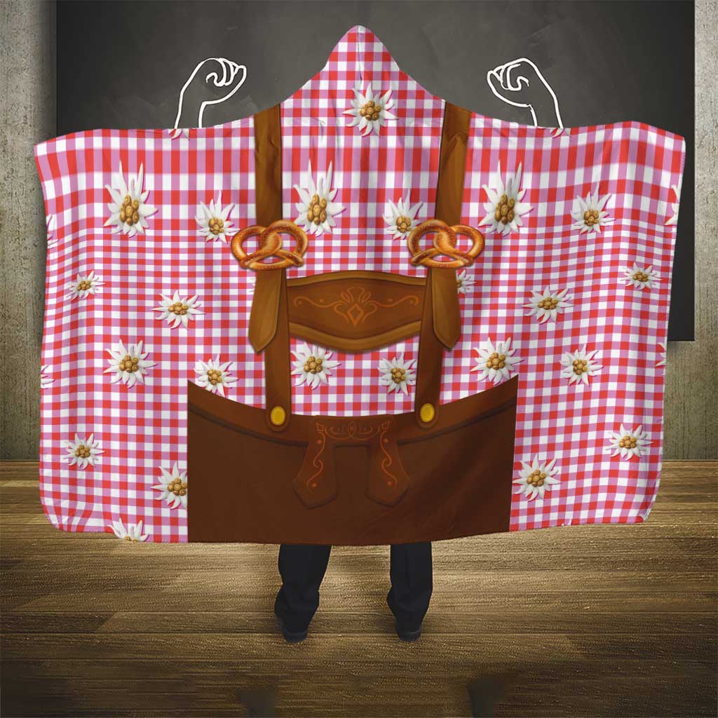 Traditional German Costume - Lederhosen and Soft Pretzel Hooded Blanket Blue Plaid Pattern with Edelweiss Flowers