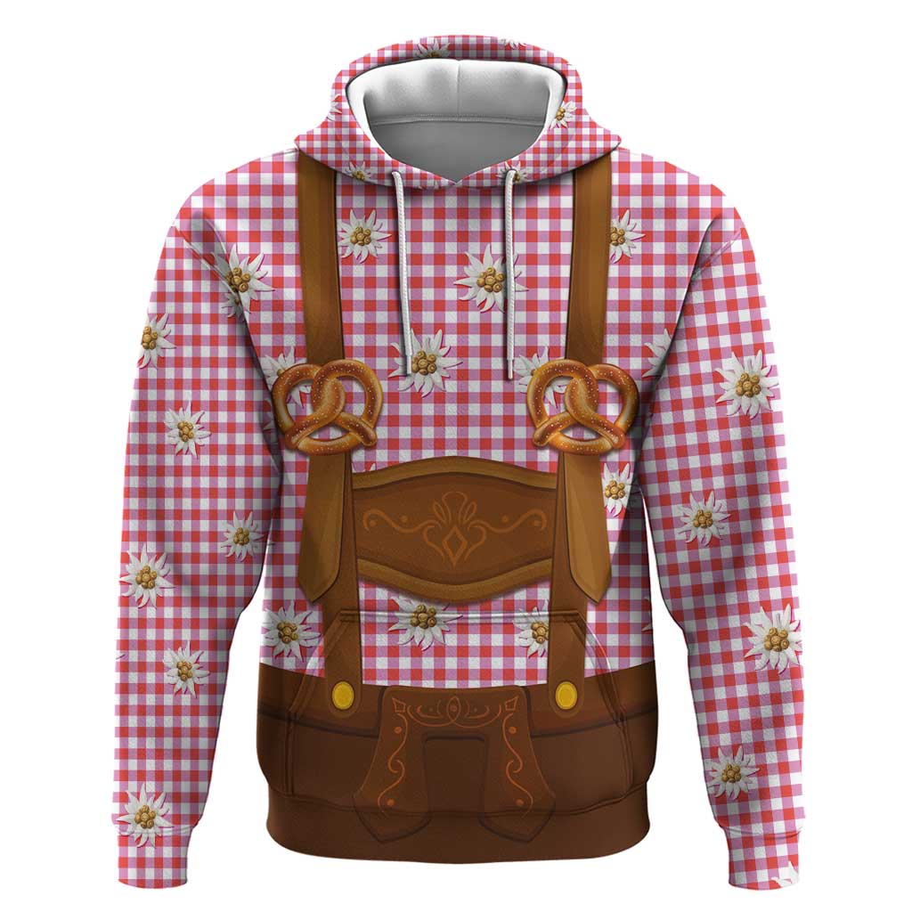 Traditional German Costume - Lederhosen and Soft Pretzel Hoodie Blue Plaid Pattern with Edelweiss Flowers