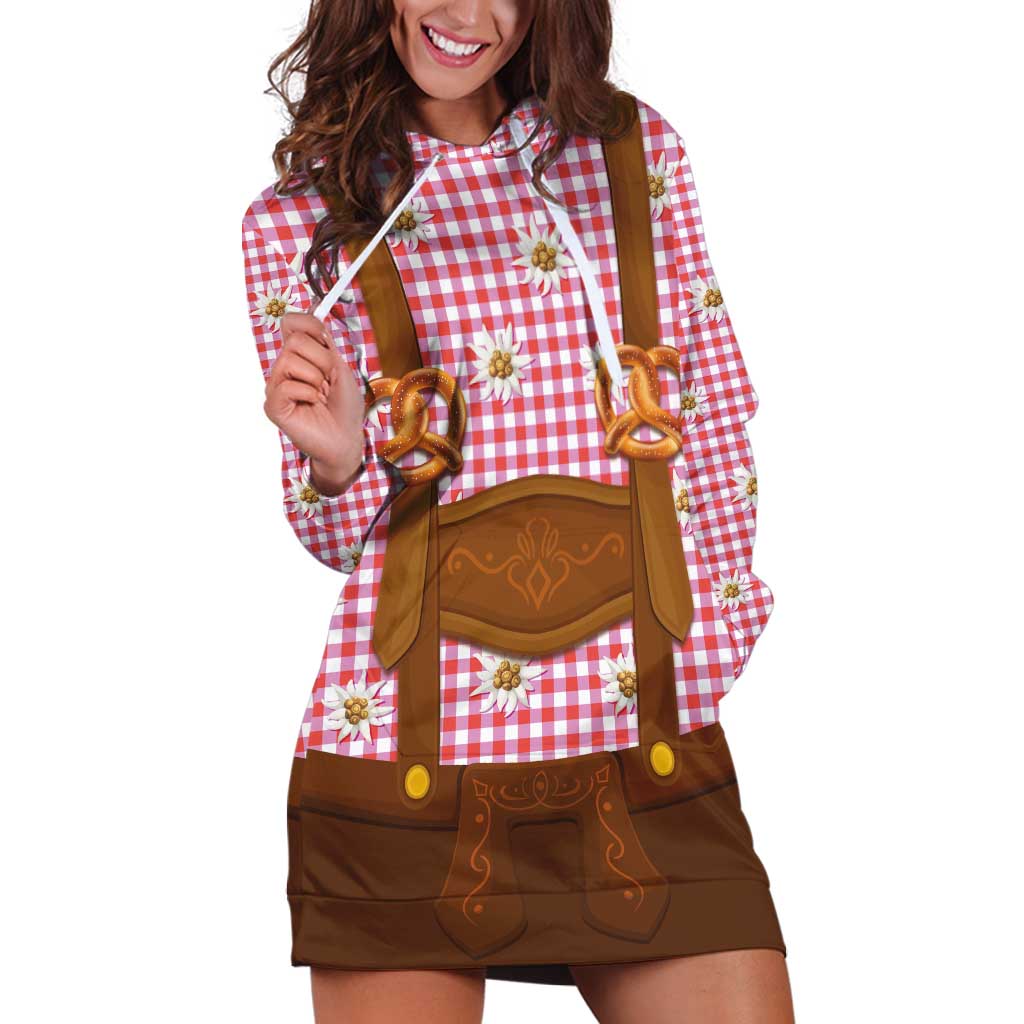 Traditional German Costume - Lederhosen and Soft Pretzel Hoodie Dress Blue Plaid Pattern with Edelweiss Flowers