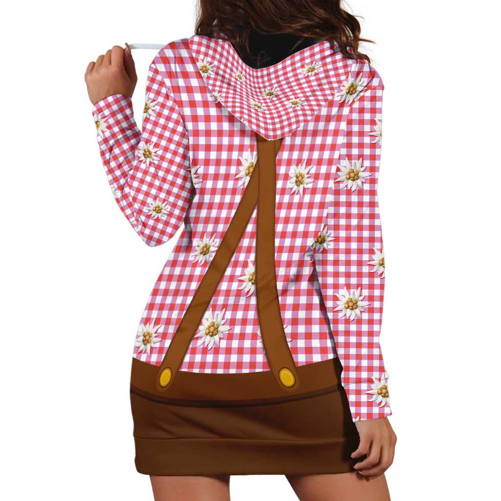 Traditional German Costume - Lederhosen and Soft Pretzel Hoodie Dress Blue Plaid Pattern with Edelweiss Flowers