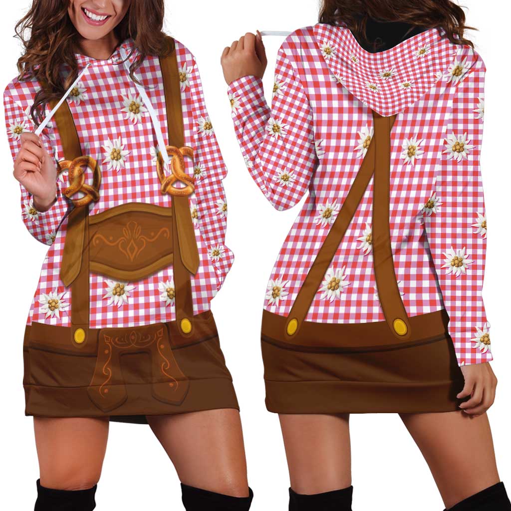 Traditional German Costume - Lederhosen and Soft Pretzel Hoodie Dress Blue Plaid Pattern with Edelweiss Flowers