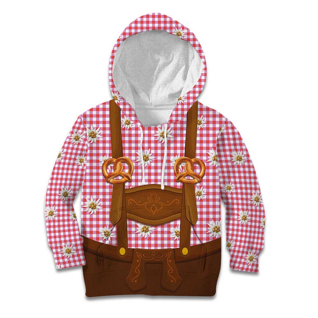 Traditional German Costume - Lederhosen and Soft Pretzel Kid Hoodie Blue Plaid Pattern with Edelweiss Flowers