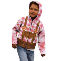Traditional German Costume - Lederhosen and Soft Pretzel Kid Hoodie Blue Plaid Pattern with Edelweiss Flowers