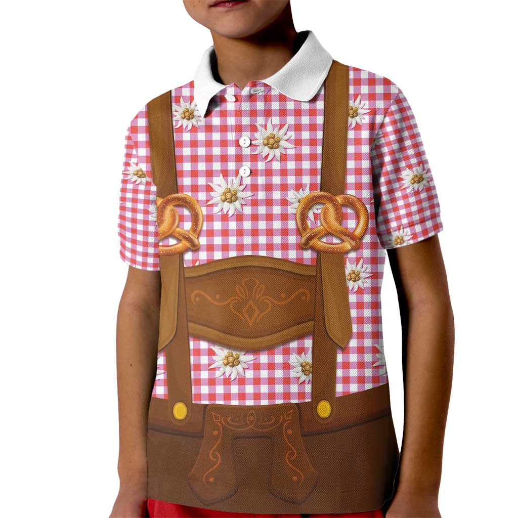 Traditional German Costume - Lederhosen and Soft Pretzel Kid Polo Shirt Blue Plaid Pattern with Edelweiss Flowers