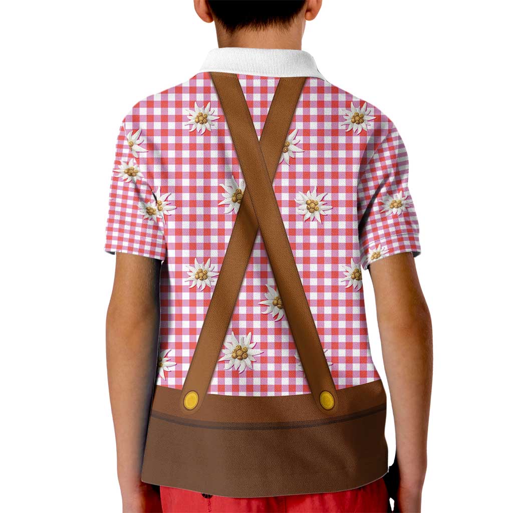Traditional German Costume - Lederhosen and Soft Pretzel Kid Polo Shirt Blue Plaid Pattern with Edelweiss Flowers