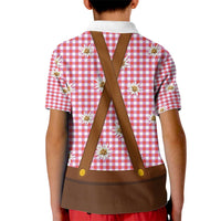 Traditional German Costume - Lederhosen and Soft Pretzel Kid Polo Shirt Blue Plaid Pattern with Edelweiss Flowers