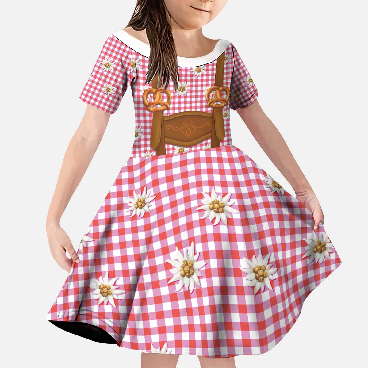 Traditional German Costume - Lederhosen and Soft Pretzel Kid Short Sleeve Dress Blue Plaid Pattern with Edelweiss Flowers