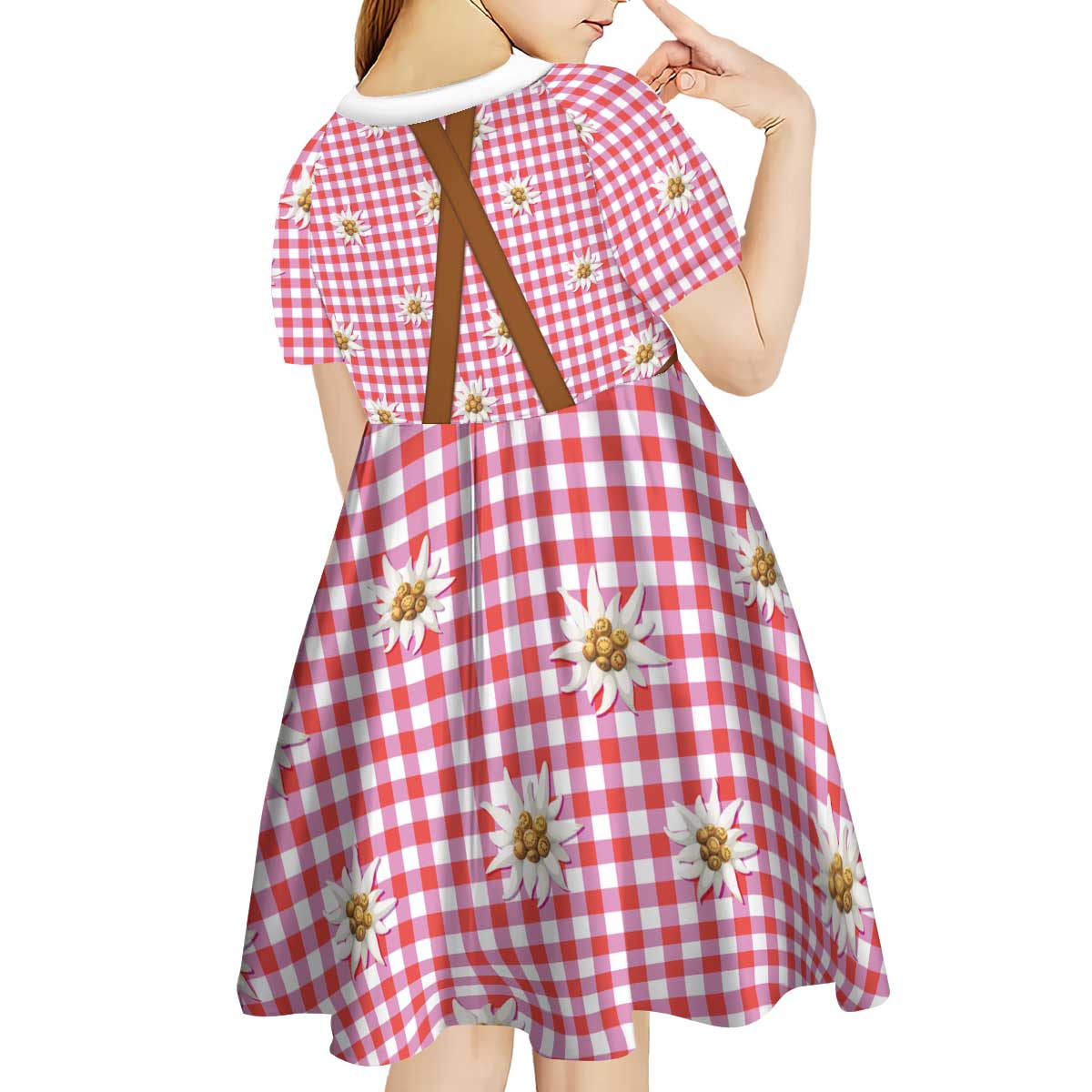 Traditional German Costume - Lederhosen and Soft Pretzel Kid Short Sleeve Dress Blue Plaid Pattern with Edelweiss Flowers