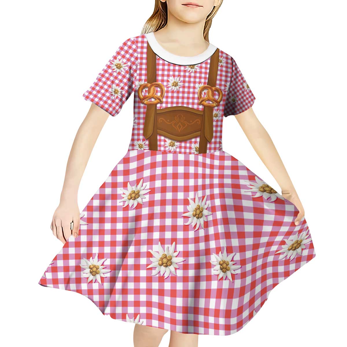 Traditional German Costume - Lederhosen and Soft Pretzel Kid Short Sleeve Dress Blue Plaid Pattern with Edelweiss Flowers