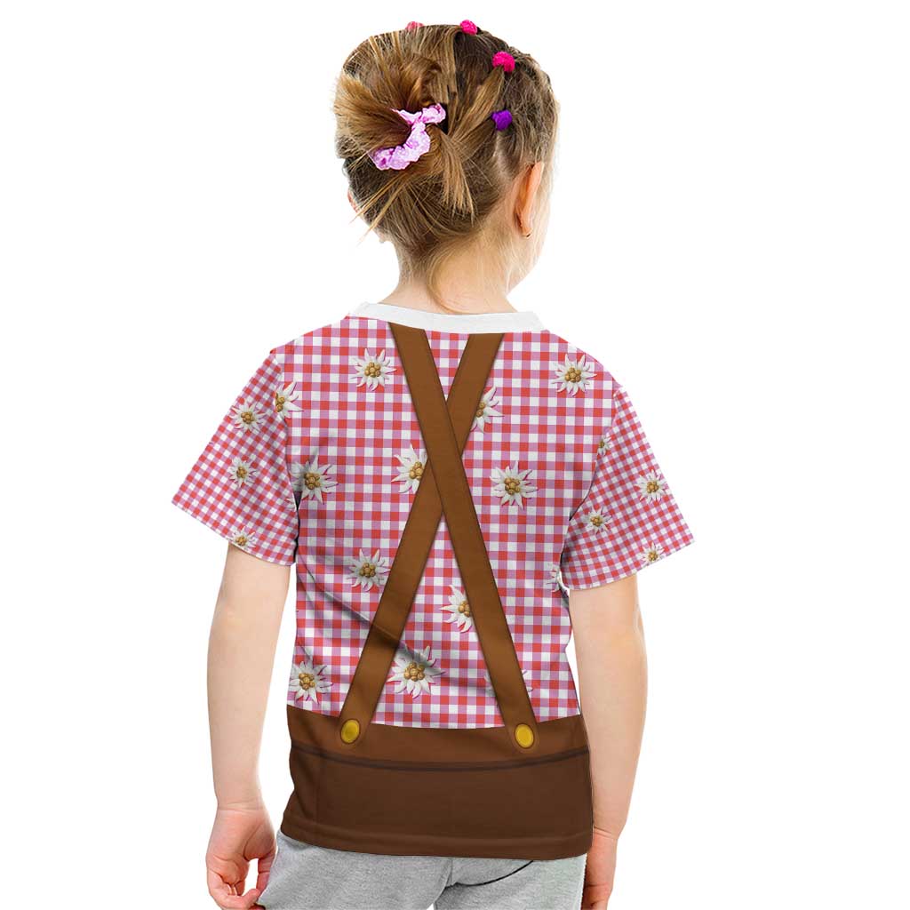 Traditional German Costume - Lederhosen and Soft Pretzel Kid T Shirt Blue Plaid Pattern with Edelweiss Flowers