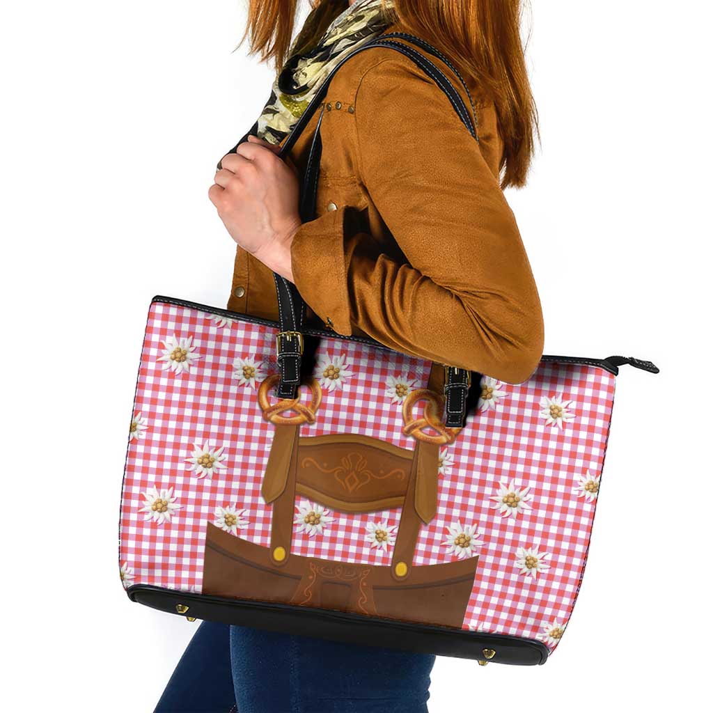 Traditional German Costume - Lederhosen and Soft Pretzel Leather Tote Bag Blue Plaid Pattern with Edelweiss Flowers