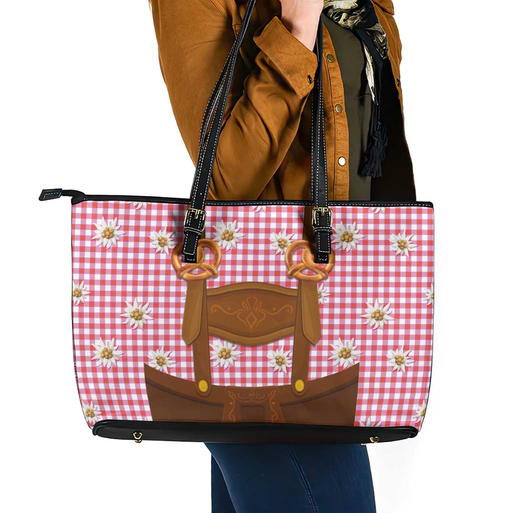 Traditional German Costume - Lederhosen and Soft Pretzel Leather Tote Bag Blue Plaid Pattern with Edelweiss Flowers