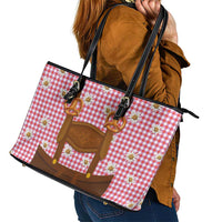 Traditional German Costume - Lederhosen and Soft Pretzel Leather Tote Bag Blue Plaid Pattern with Edelweiss Flowers