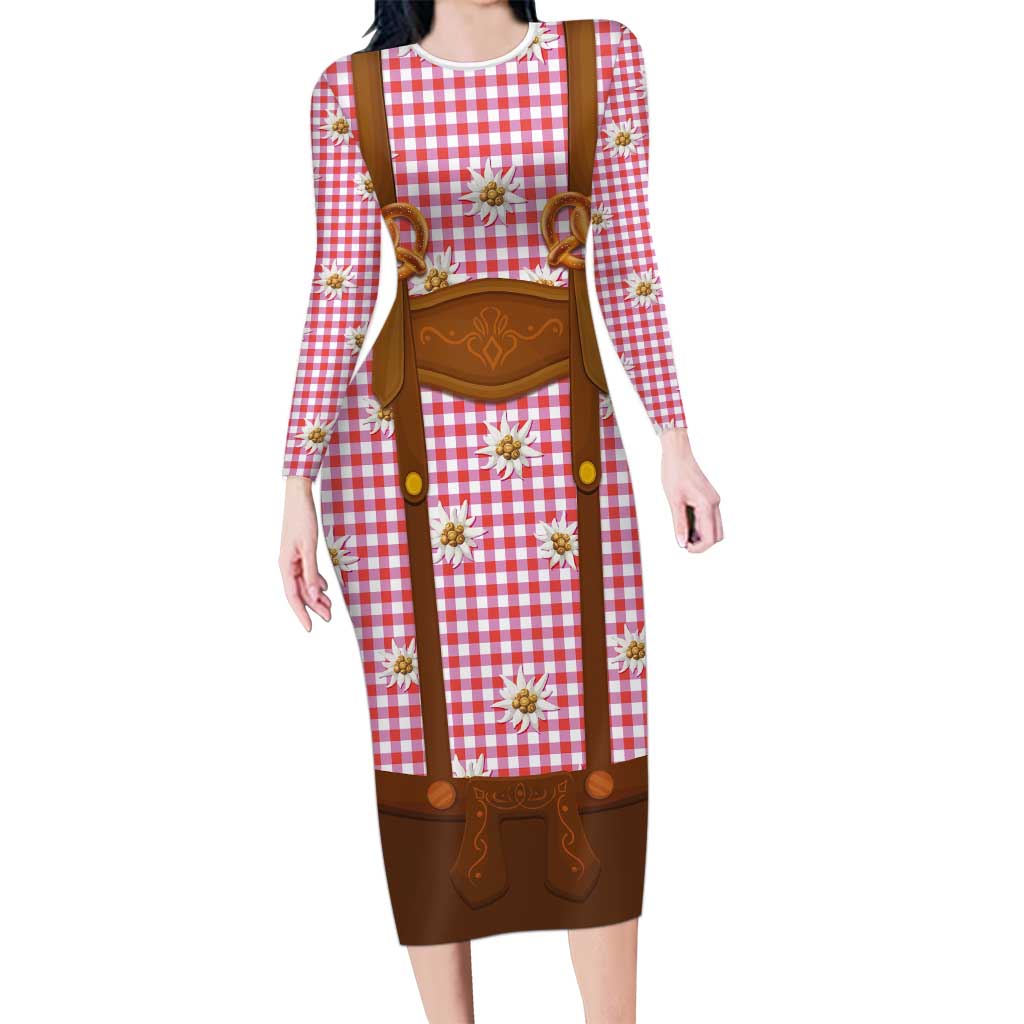 Traditional German Costume - Lederhosen and Soft Pretzel Long Sleeve Bodycon Dress Blue Plaid Pattern with Edelweiss Flowers