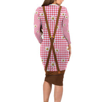 Traditional German Costume - Lederhosen and Soft Pretzel Long Sleeve Bodycon Dress Blue Plaid Pattern with Edelweiss Flowers