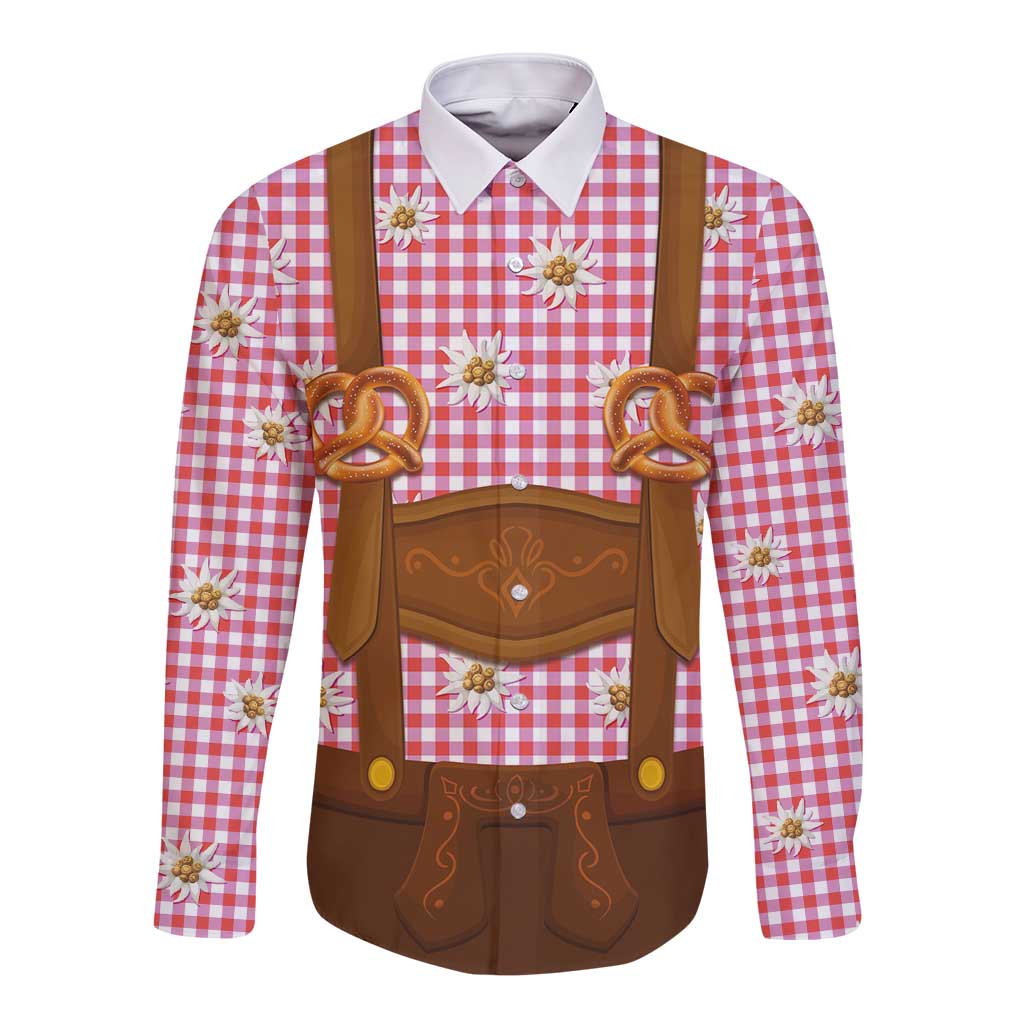 Traditional German Costume - Lederhosen and Soft Pretzel Long Sleeve Button Shirt Blue Plaid Pattern with Edelweiss Flowers