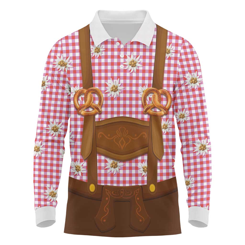 Traditional German Costume - Lederhosen and Soft Pretzel Long Sleeve Polo Shirt Blue Plaid Pattern with Edelweiss Flowers