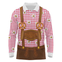 Traditional German Costume - Lederhosen and Soft Pretzel Long Sleeve Polo Shirt Blue Plaid Pattern with Edelweiss Flowers