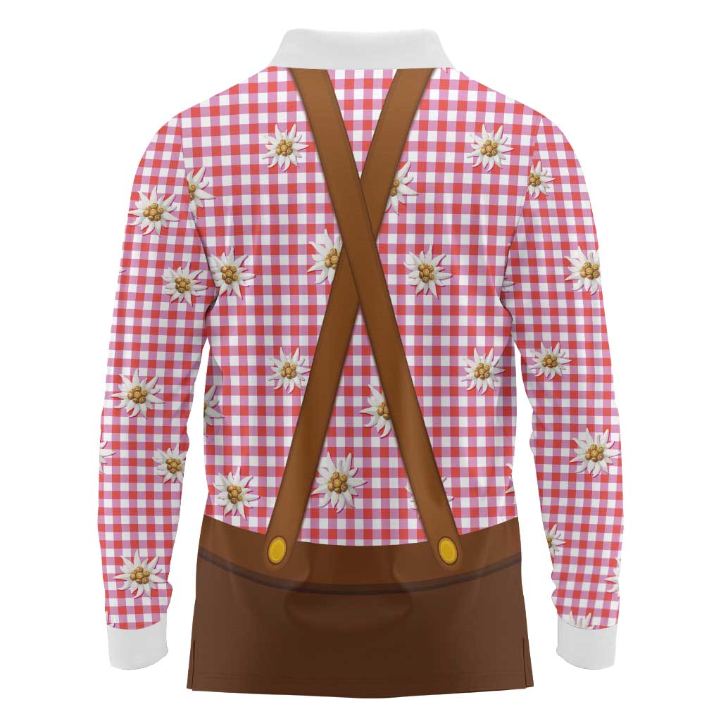 Traditional German Costume - Lederhosen and Soft Pretzel Long Sleeve Polo Shirt Blue Plaid Pattern with Edelweiss Flowers