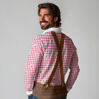 Traditional German Costume - Lederhosen and Soft Pretzel Long Sleeve Polo Shirt Blue Plaid Pattern with Edelweiss Flowers