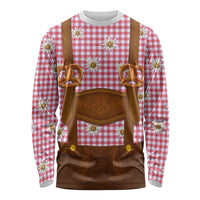 Traditional German Costume - Lederhosen and Soft Pretzel Long Sleeve Shirt Blue Plaid Pattern with Edelweiss Flowers