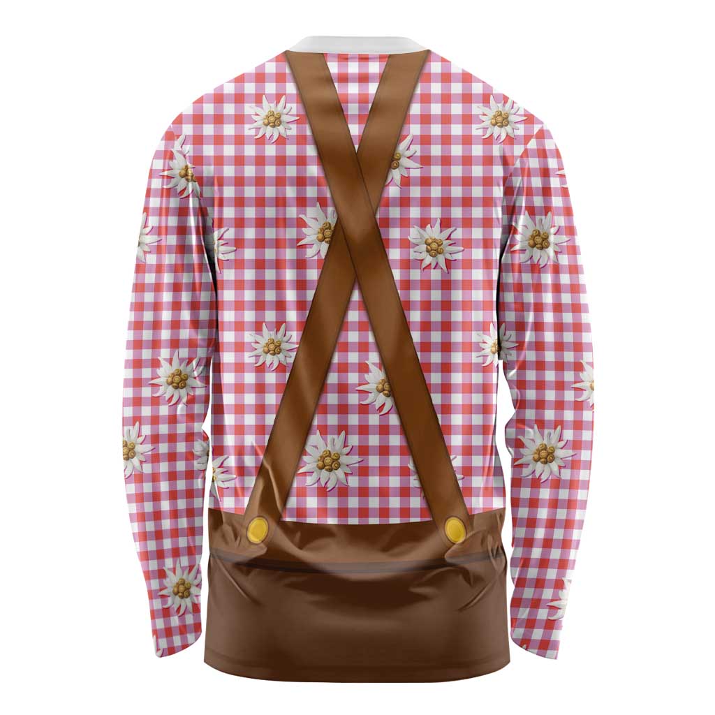 Traditional German Costume - Lederhosen and Soft Pretzel Long Sleeve Shirt Blue Plaid Pattern with Edelweiss Flowers