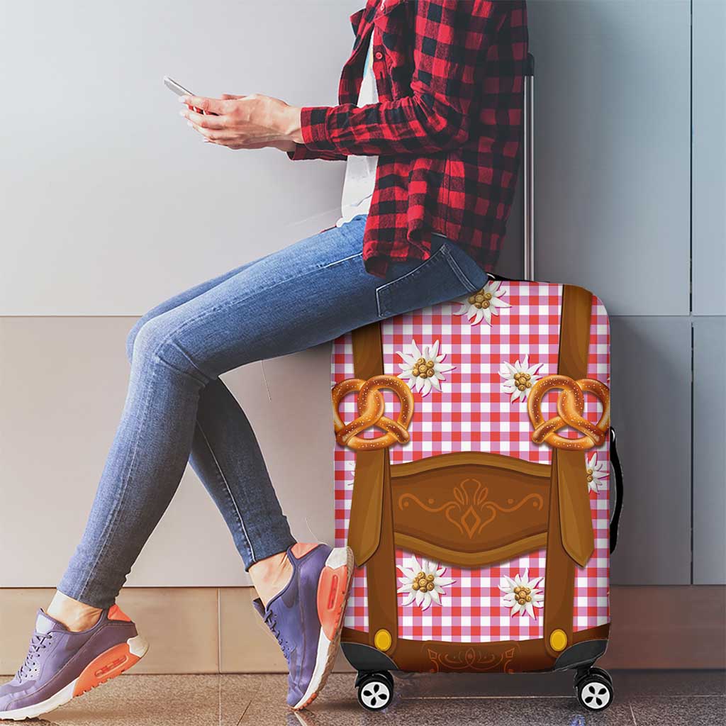 Traditional German Costume - Lederhosen and Soft Pretzel Luggage Cover Blue Plaid Pattern with Edelweiss Flowers