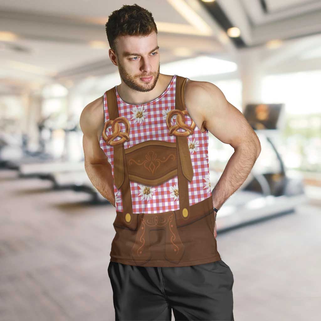 Traditional German Costume - Lederhosen and Soft Pretzel Men Tank Top Blue Plaid Pattern with Edelweiss Flowers