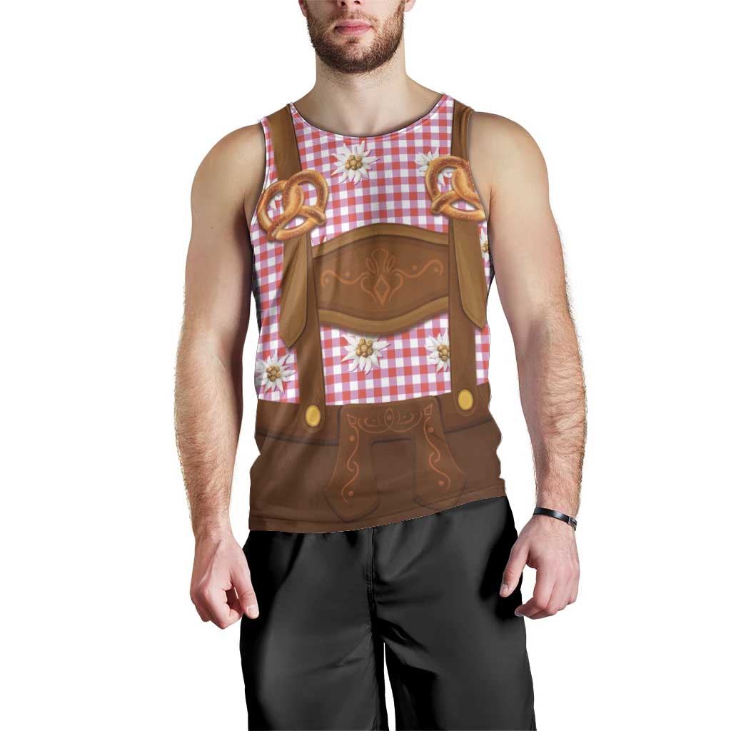 Traditional German Costume - Lederhosen and Soft Pretzel Men Tank Top Blue Plaid Pattern with Edelweiss Flowers