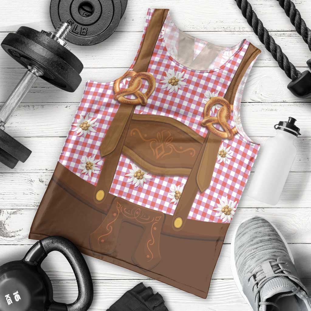 Traditional German Costume - Lederhosen and Soft Pretzel Men Tank Top Blue Plaid Pattern with Edelweiss Flowers