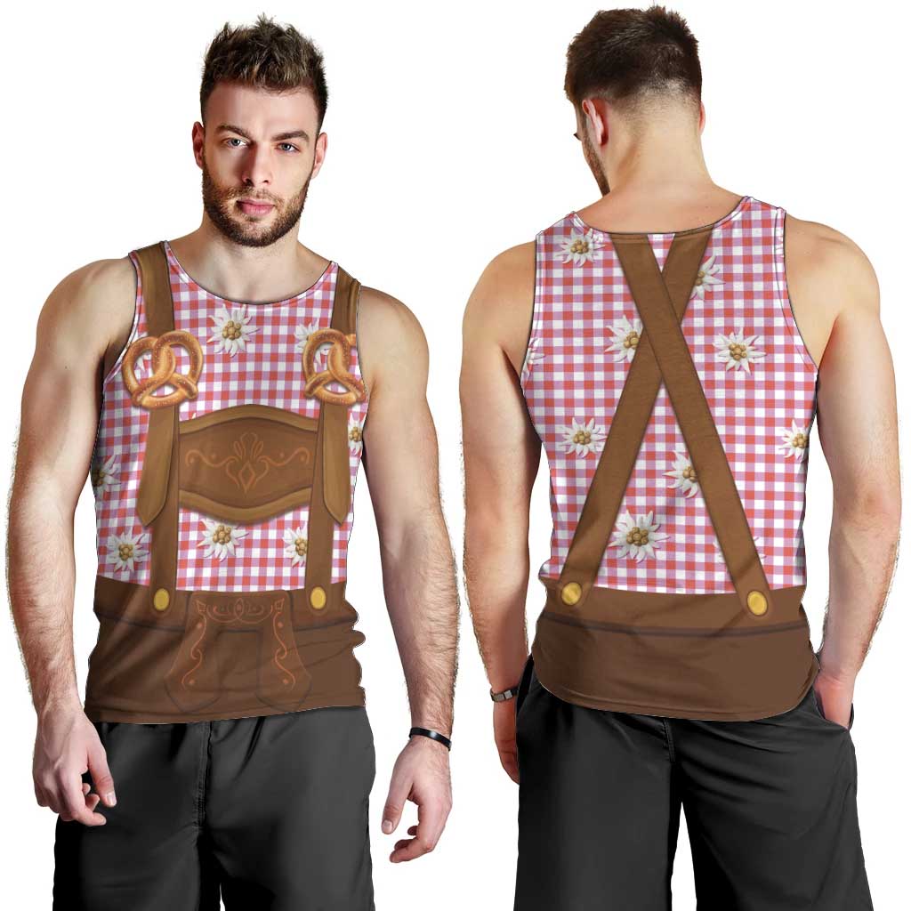 Traditional German Costume - Lederhosen and Soft Pretzel Men Tank Top Blue Plaid Pattern with Edelweiss Flowers
