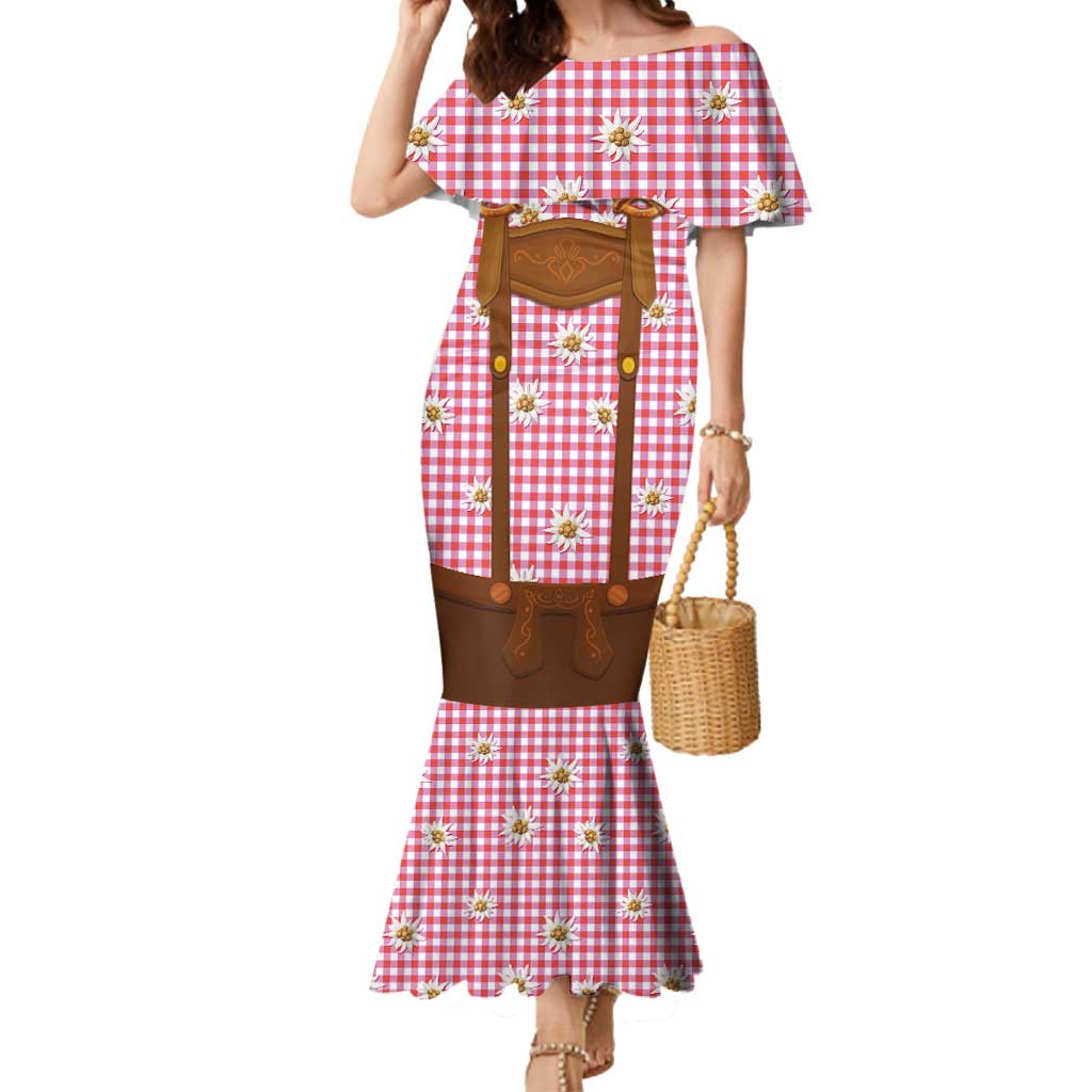 Traditional German Costume - Lederhosen and Soft Pretzel Mermaid Dress Blue Plaid Pattern with Edelweiss Flowers