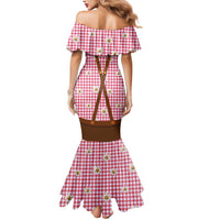 Traditional German Costume - Lederhosen and Soft Pretzel Mermaid Dress Blue Plaid Pattern with Edelweiss Flowers