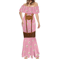 Traditional German Costume - Lederhosen and Soft Pretzel Mermaid Dress Blue Plaid Pattern with Edelweiss Flowers
