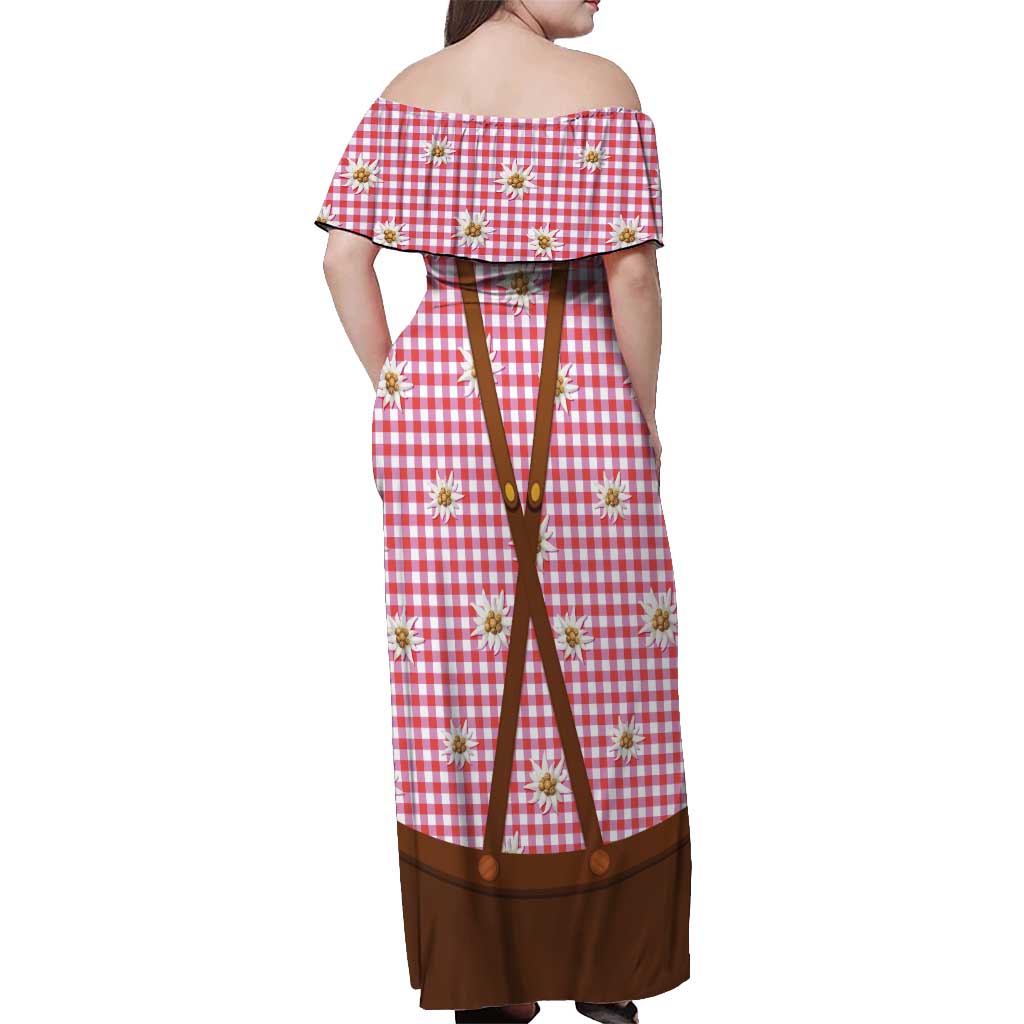 Traditional German Costume - Lederhosen and Soft Pretzel Off Shoulder Maxi Dress Blue Plaid Pattern with Edelweiss Flowers