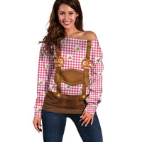 Traditional German Costume - Lederhosen and Soft Pretzel Off Shoulder Sweater Blue Plaid Pattern with Edelweiss Flowers