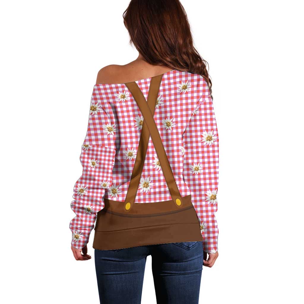 Traditional German Costume - Lederhosen and Soft Pretzel Off Shoulder Sweater Blue Plaid Pattern with Edelweiss Flowers