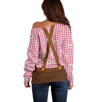 Traditional German Costume - Lederhosen and Soft Pretzel Off Shoulder Sweater Blue Plaid Pattern with Edelweiss Flowers