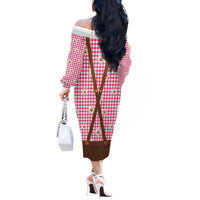 Traditional German Costume - Lederhosen and Soft Pretzel Off The Shoulder Long Sleeve Dress Blue Plaid Pattern with Edelweiss Flowers