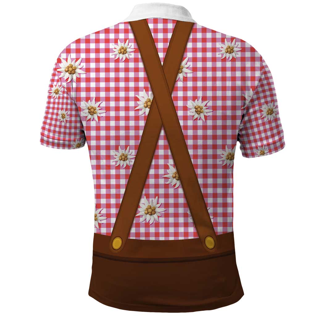 Traditional German Costume - Lederhosen and Soft Pretzel Polo Shirt Blue Plaid Pattern with Edelweiss Flowers