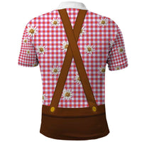 Traditional German Costume - Lederhosen and Soft Pretzel Polo Shirt Blue Plaid Pattern with Edelweiss Flowers