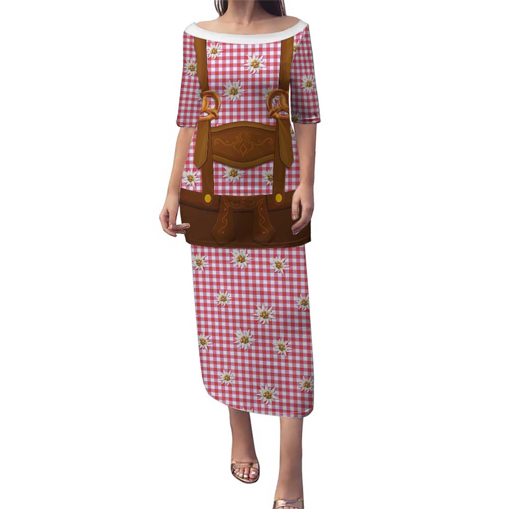 Traditional German Costume - Lederhosen and Soft Pretzel Puletasi Blue Plaid Pattern with Edelweiss Flowers