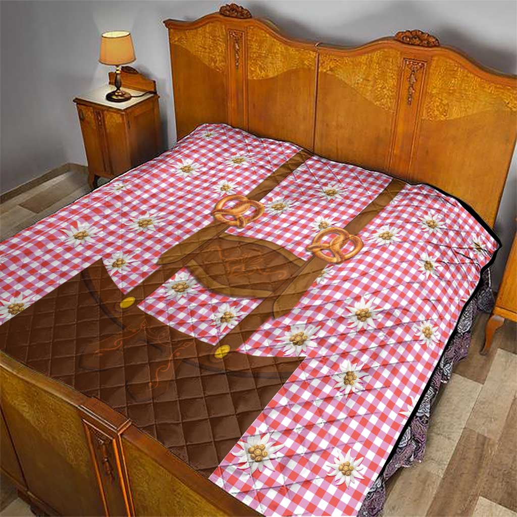 Traditional German Costume - Lederhosen and Soft Pretzel Quilt Blue Plaid Pattern with Edelweiss Flowers