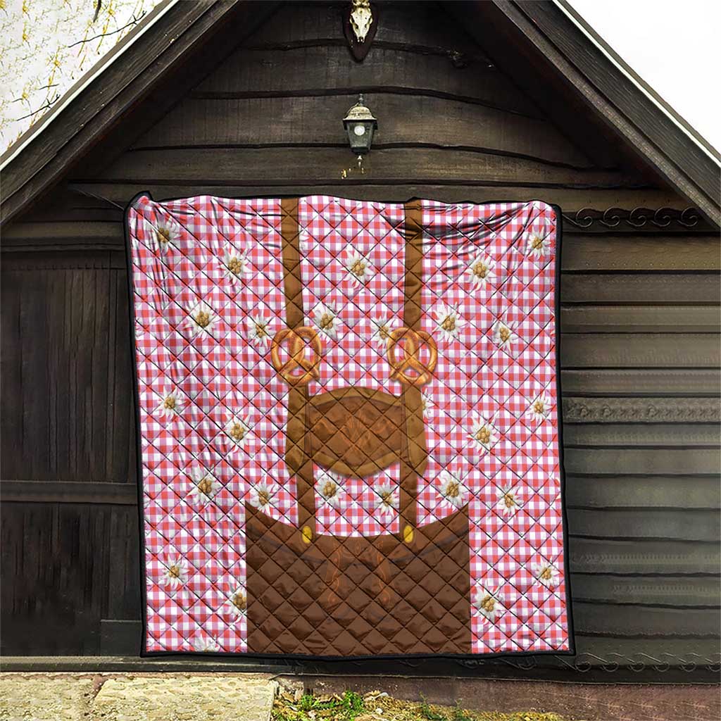 Traditional German Costume - Lederhosen and Soft Pretzel Quilt Blue Plaid Pattern with Edelweiss Flowers