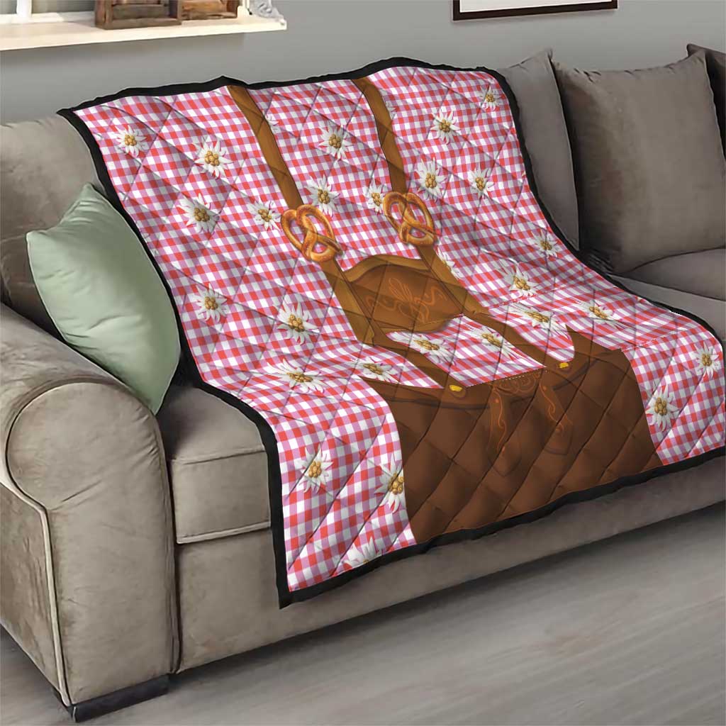 Traditional German Costume - Lederhosen and Soft Pretzel Quilt Blue Plaid Pattern with Edelweiss Flowers