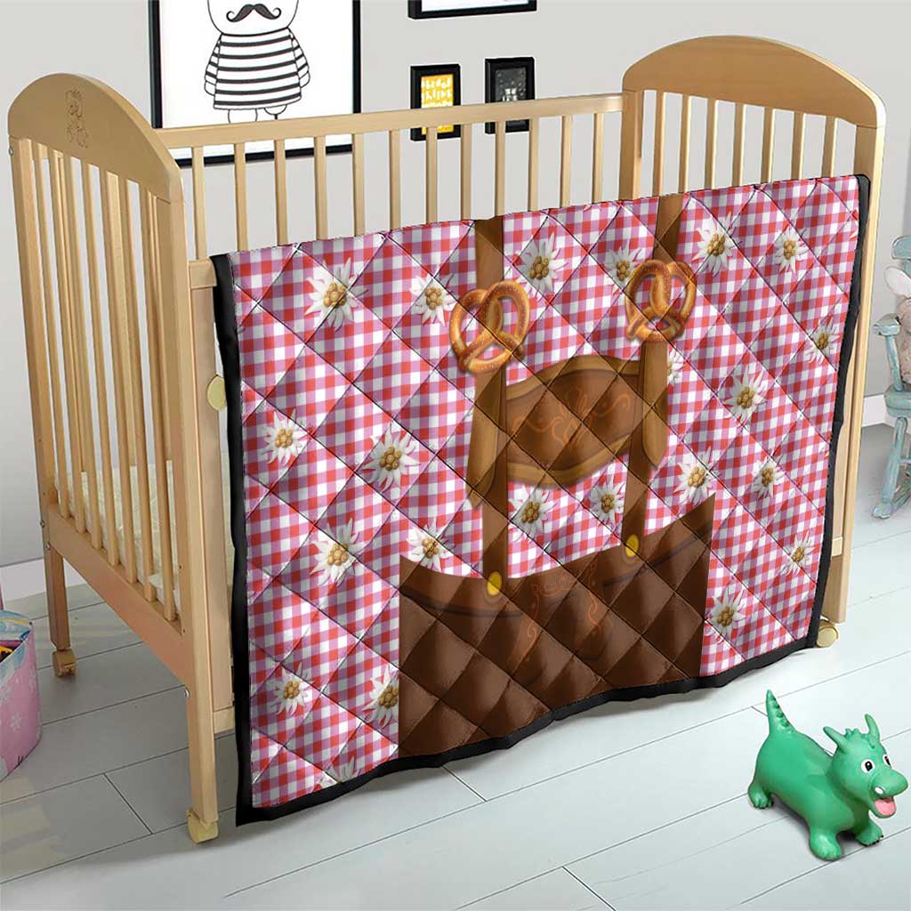 Traditional German Costume - Lederhosen and Soft Pretzel Quilt Blue Plaid Pattern with Edelweiss Flowers